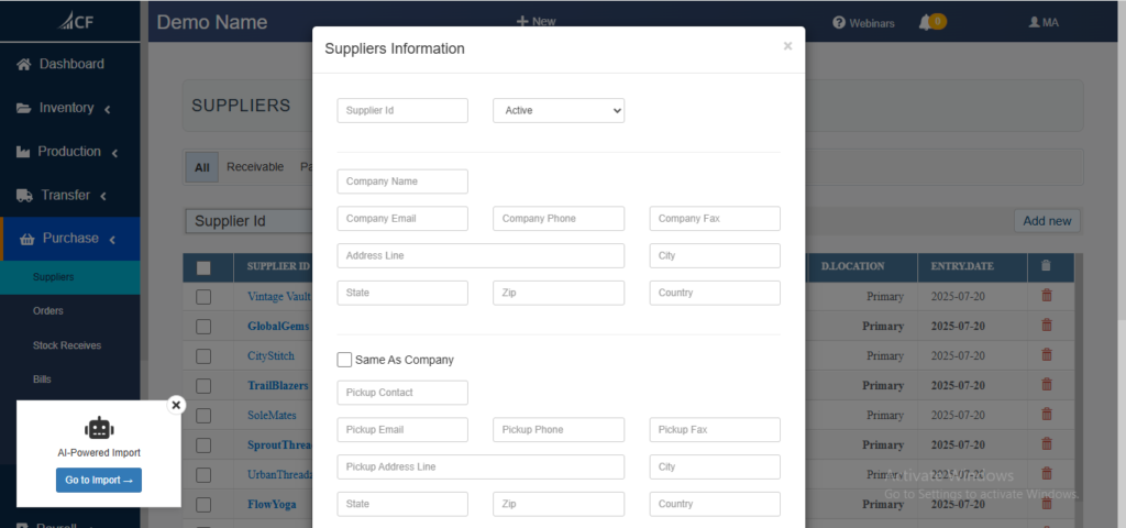 Suppliers Management in Cash Flow Inventory:  Add New