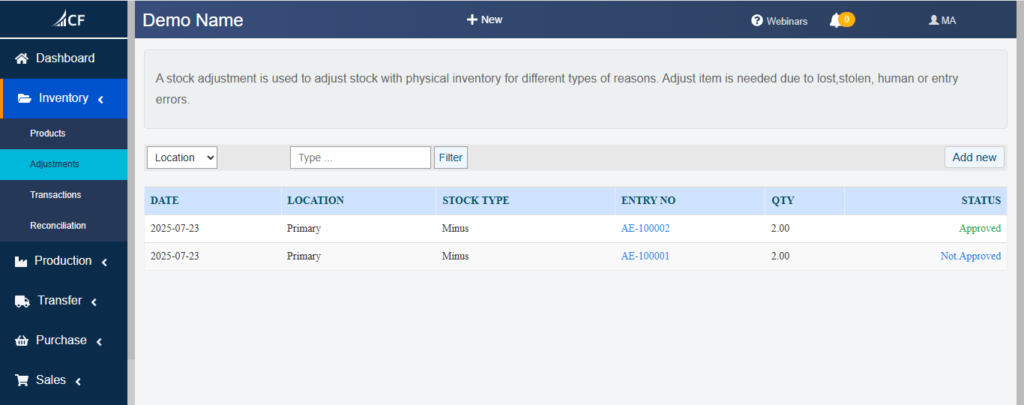 Stock Adjustments in Cash Flow Inventory: Documentation
