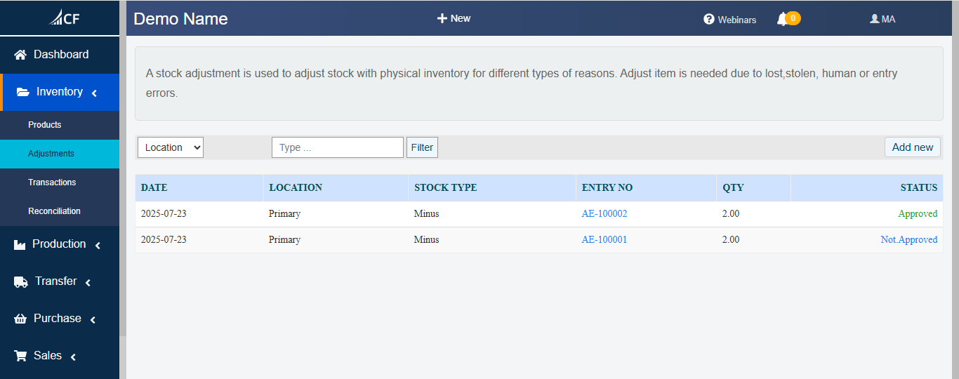 Stock Adjustments in Cash Flow Inventory: Documentation