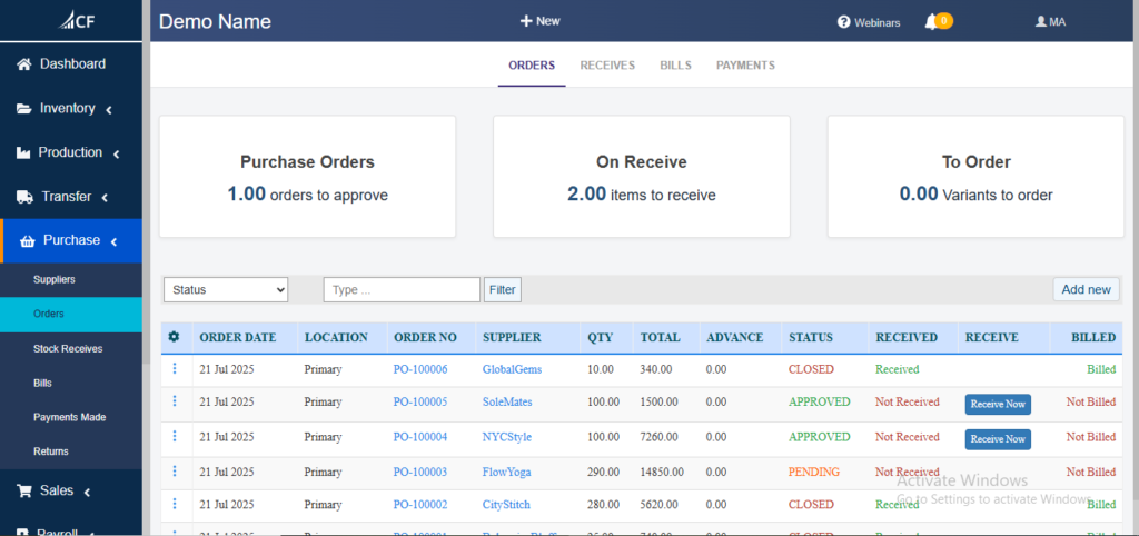 Purchasing Management in Cash Flow Inventory: Documentation