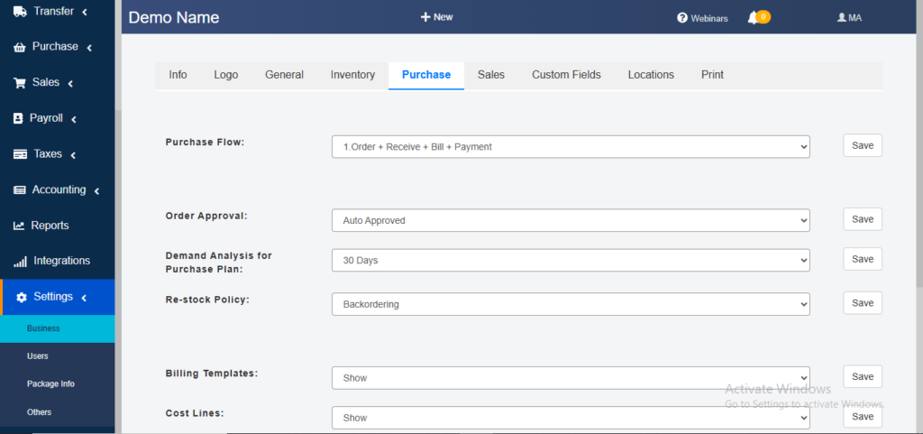 Purchasing Management in Cash Flow Inventory: Settings